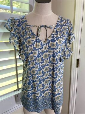 Lucky Brand Floral Tie-Neck Ruffle Sleeve Top Size Blue Yellow Cottagecore NWOT